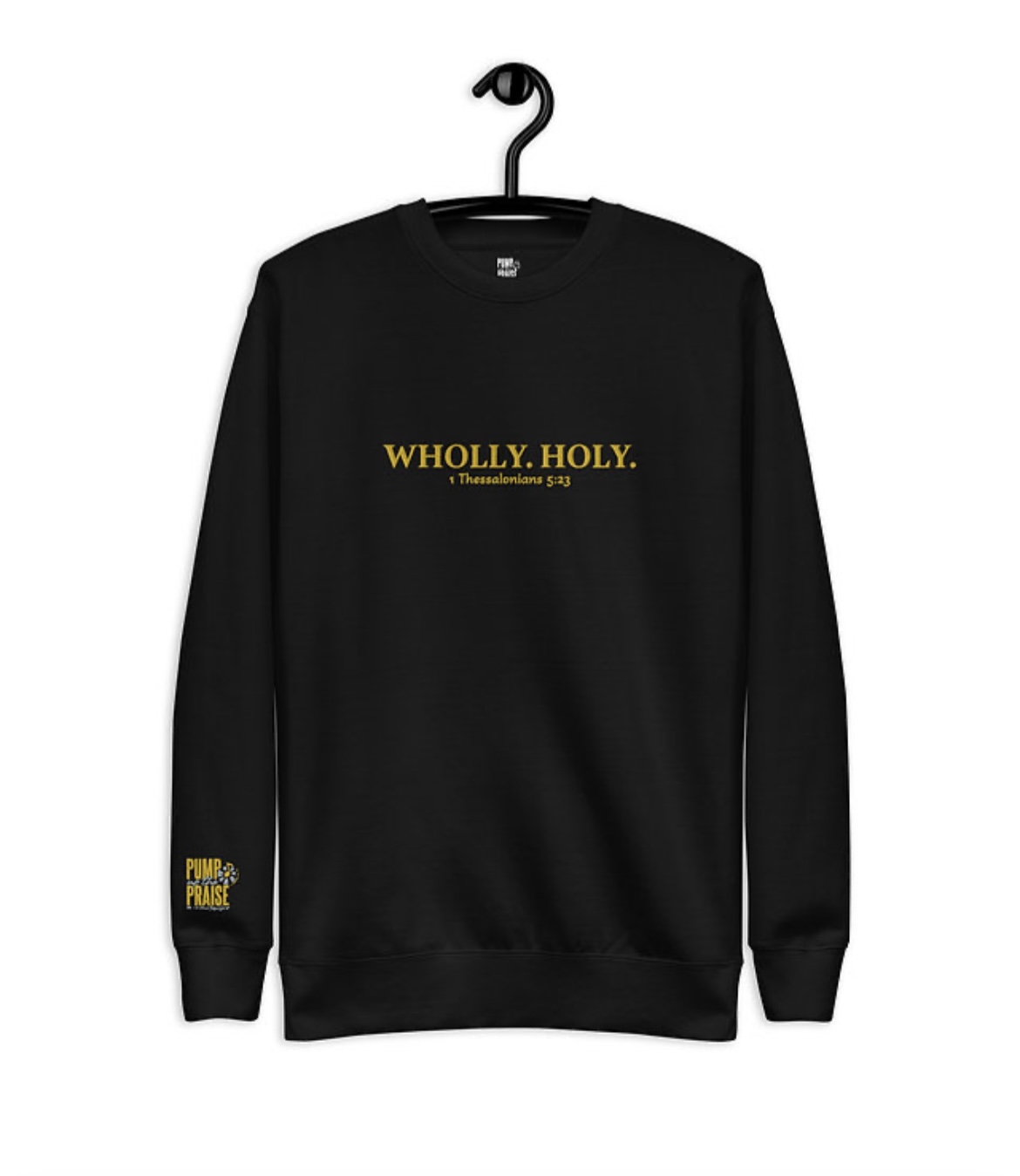 Black Wholly Holy crewneck sweatshirt with gold lettering
