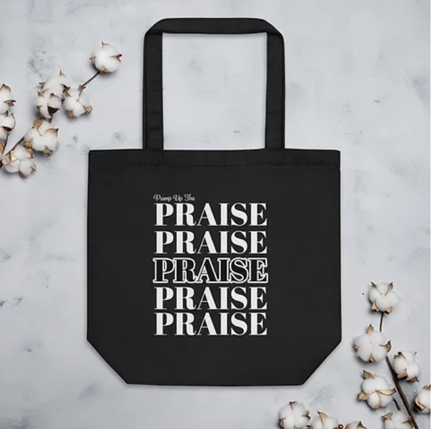 Black canvas Praise tote bag with stacked PRAISE print