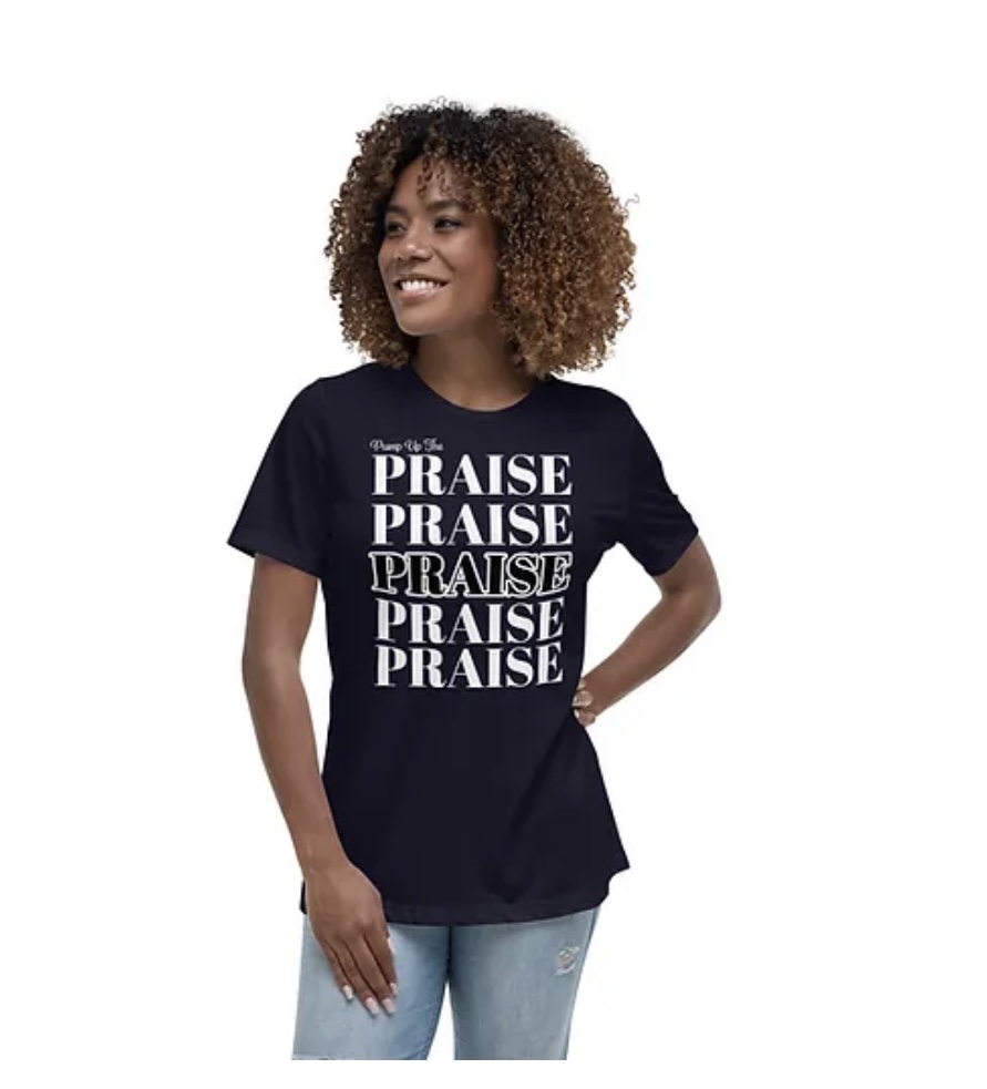 Navy Praise Collection women's tee with stacked PRAISE print