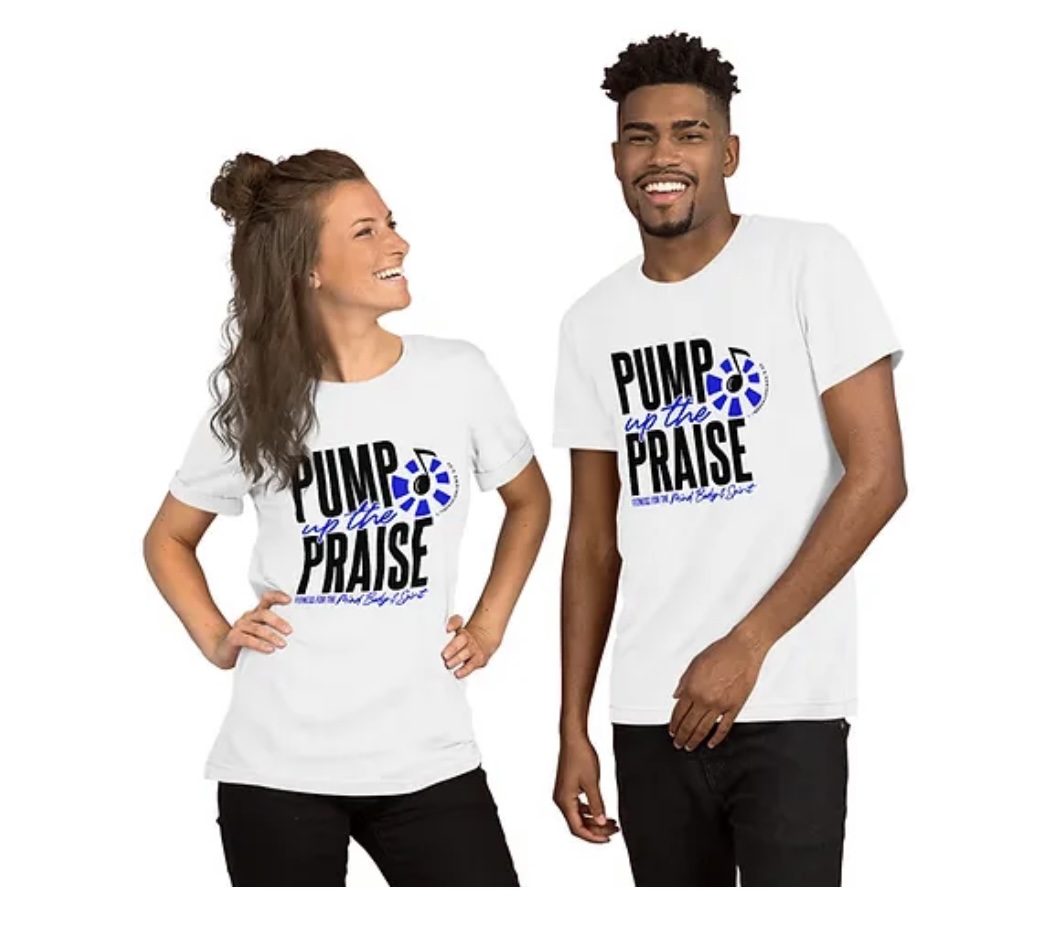 White Pump Up The Praise unisex logo tee