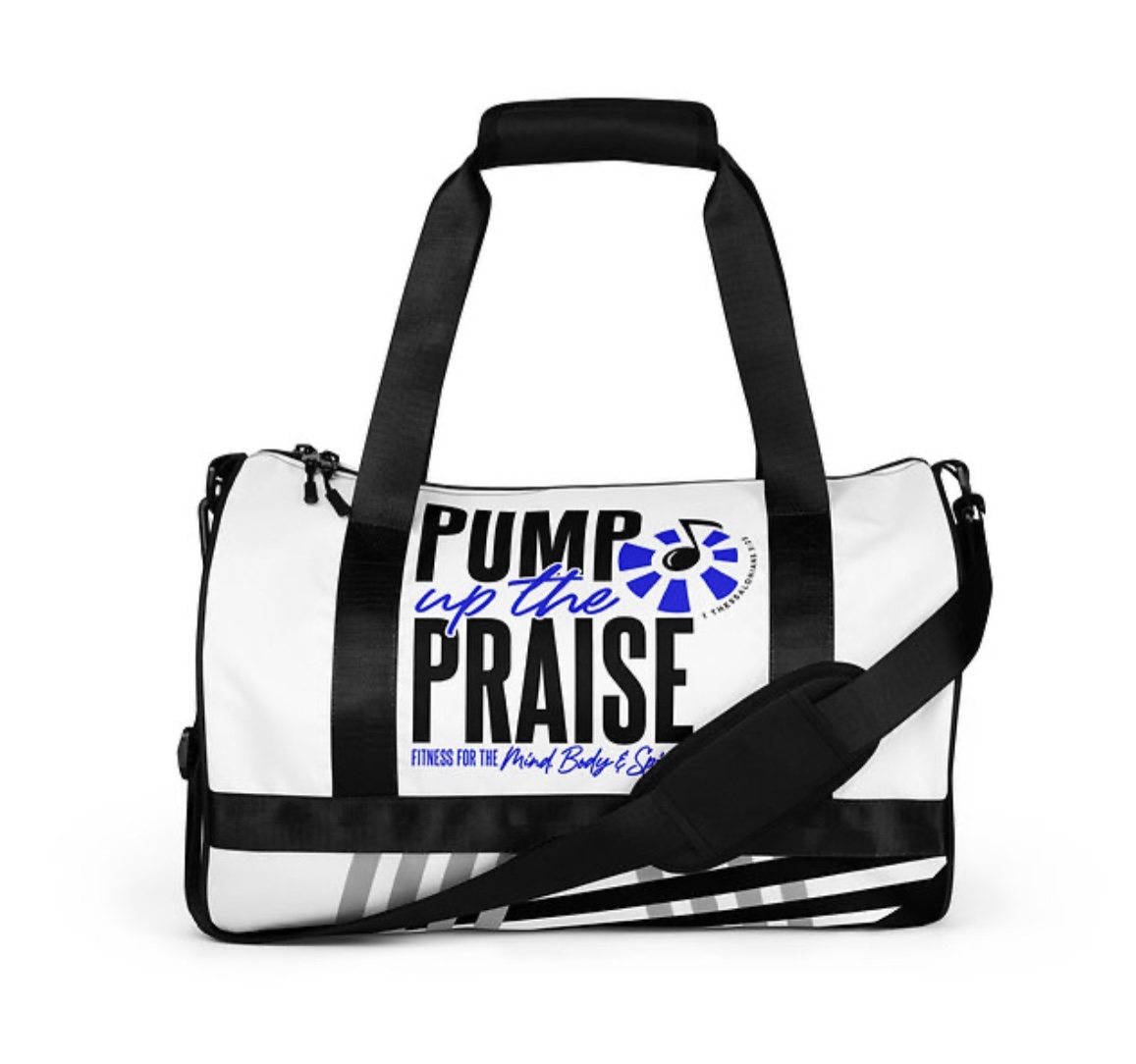 White and black Pump Up The Praise gym duffel bag