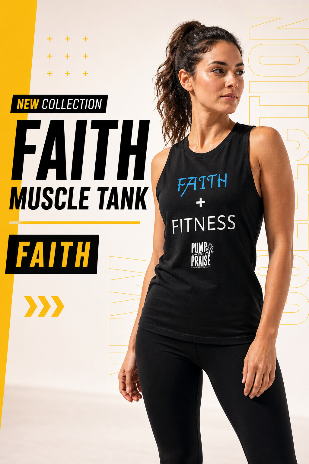 Black Faith muscle tank with Faith plus Fitness print, worn by a woman